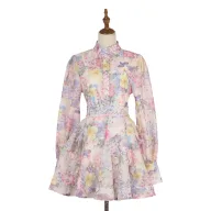 Vintage Floral Print Beaded Lantern Sleeve Top and A Line Skirt Two Piece Set for Women Wholesale Fashion Casual Outfit