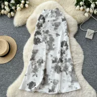 High Waist Satin Midi Skirt for Women Vintage Ink Print Flared Design Summer Casual Wear
