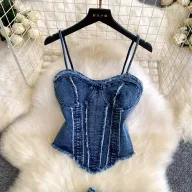 Womens Denim Two Piece Set High Waist Slim Fit Pants and Cami Top Casual Fashion for Summer