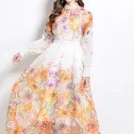 Floral Print Two Piece Set for Women Stand Collar Lantern Sleeve High Waist Maxi Skirt Vacation Style Wholesale