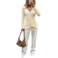 Beige Lace Long Sleeve V Neck Top for Women Casual Fit in Multiple Sizes private label