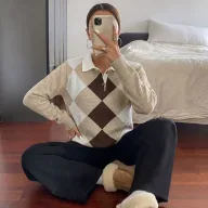 Womens Long Sleeve Sweater Soft Textured Knit Collared Design Casual Chic Style