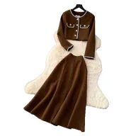 Two Piece Womens Set Cardigan with Metallic Buttons and High Waisted Skirt Autumn Fashion