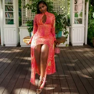 Deep V Neck Hollow Out High Slit Bodycon Dress Floral Print Spring Summer Beach Vacation Wholesale Available