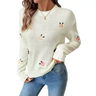 Womens Loose Fit White Sweater with Floral Embroidery Round Neck Long Sleeve for Spring and Autumn Wholesale