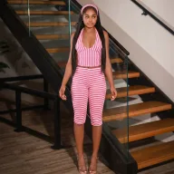 Womens Vintage Striped Halter Neck Backless Crop Top and Shorts Set Summer Casual Wear Available in Pink Yellow Gray
