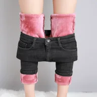 High Waisted Vintage Denim Pants Thickened Fleece Lined Slim Fit Autumn Winter Womens Fashion Wholesale Available