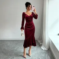 Velvet V Neck Dress Slimming Fit Irregular Hem Midi Length Autumn Winter Fashion Wholesale Available