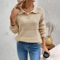 Womens Casual Knit Sweater Solid Color Half Placket Long Sleeve Khaki OEM ODM service
