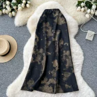 High Waist Satin Midi Skirt for Women Vintage Ink Print Flared Design Summer Casual Wear