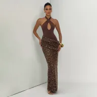 Summer Womens Dress Sexy Hollow Cross Neck Fashionable Sequins Bodycon Fit Evening Party Wear Wholesale Available