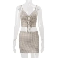 Womens Vintage V Neck Plaid Crop Top and Bodycon Skirt Set Casual Summer Outfit Available in Khaki Wholesale Sizes S to L
