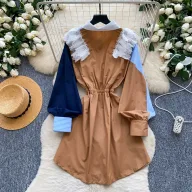 Retro Color Block Long Sleeve Shirt Dress for Women with Waist Tie Casual Summer Office Wear Wholesale