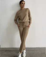 Womens Knitted Sweater Set Loose Fit Round Neck Top and Carrot Pants Casual Style for Fall Winter