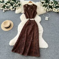 Sleeveless Lace Embroidered Top and High Waist Skirt Set Elegant French Style Autumn Fashion