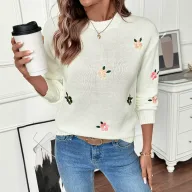 Womens Loose Fit White Sweater with Floral Embroidery Round Neck Long Sleeve for Spring and Autumn Wholesale