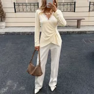 Beige Lace Long Sleeve V Neck Top for Women Casual Fit in Multiple Sizes private label
