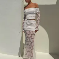 Off Shoulder Lace Long Sleeve Top and Fishtail Skirt Set for Women Elegant White Fall Fashion