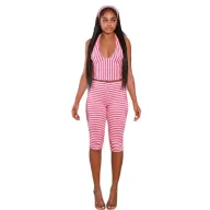 Womens Vintage Striped Halter Neck Backless Crop Top and Shorts Set Summer Casual Wear Available in Pink Yellow Gray