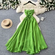 Green Backless Maxi Dress for Women with Waist Cinching Design and Flared Skirt Ideal for Summer Vacations Wholesale