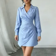 V Neck Striped Pleated Bodycon Dress for Women Elegant Summer Style Available in Blue Wholesale Sizes S to 3XL