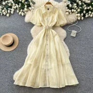 Pink Lantern Sleeve Mesh Dress for Women with Sequin Waist A Line Elegant Long Dress for Summer Casual Wear Wholesale