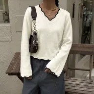 Womens Color Block V Neck Sweater Casual Style Lightweight Knit Available in White Wholesale Supply