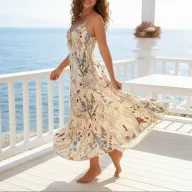 Elegant Floral Print Maxi Dress for Women Adjustable Straps Available in Apricot Wholesale Sizes S to 3XL