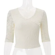 Womens V Neck Lace Short Sleeve T Shirt Slim Fit Apricot Color Summer Casual Wear