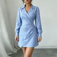 V Neck Striped Pleated Bodycon Dress for Women Elegant Summer Style Available in Blue Wholesale Sizes S to 3XL