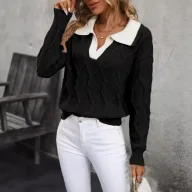 Elegant Womens Color Block Knit Sweater Long Sleeve Lapel Collar Autumn Winter Style Wholesale Available