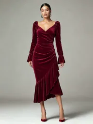 Velvet V Neck Dress Slimming Fit Irregular Hem Midi Length Autumn Winter Fashion Wholesale Available