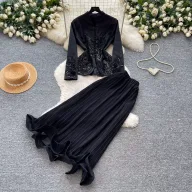 French Style V Neck Embroidered Jacket with High Waisted Pleated Skirt Elegant Lightweight Two Piece Set for Spring and