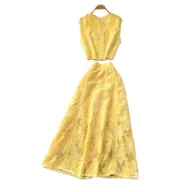 Sleeveless Lace Embroidered Top and High Waist Skirt Set Elegant French Style Autumn Fashion