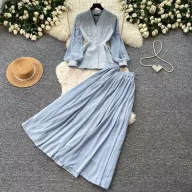 French Style V Neck Embroidered Jacket with High Waisted Pleated Skirt Elegant Lightweight Two Piece Set for Fall