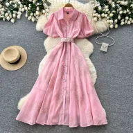 Pink Lantern Sleeve Mesh Dress for Women with Sequin Waist A Line Elegant Long Dress for Summer Casual Wear Wholesale