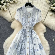 Geometric Print Sleeveless Shirt Dress for Women Summer Casual Fit with Waist Detail Available in Blue Wholesale Supply