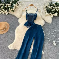 Denim Crop Top and Wide Leg Pants Set for Women High Waist Comfortable Fit Spring Summer Casual Wear