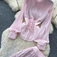 French Style Sequined Mesh Pleated Two Piece Set Waist Cinching Elegant Design Ideal for Spring and Autumn Wholesale