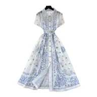 Geometric Print Sleeveless Shirt Dress for Women Summer Casual Fit with Waist Detail Available in Blue Wholesale Supply