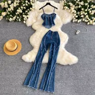 Womens Denim Two Piece Set High Waist Slim Fit Pants and Cami Top Casual Fashion for Summer