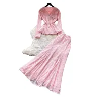 V Neck Lace Two Piece Set for Women Embroidered Beaded Design Elegant Autumn Office Wear