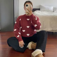 Womens Vintage Heart Pattern Sweater Round Neck Long Sleeve Knit Cozy Fall Winter Fashion