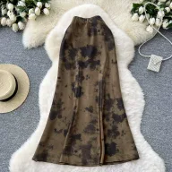 High Waist Satin Midi Skirt for Women Vintage Ink Print Flared Design Summer Casual Wear