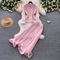 French Style V Neck Embroidered Jacket with High Waisted Pleated Skirt Elegant Lightweight Two Piece Set for Spring and