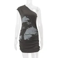 Slim Fit Floral Print Bodycon Dress with Asymmetrical Neckline for Summer Casual Wear Wholesale fast shipping