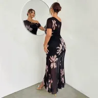 Elegant Floral Pattern Spring Dress Slim Fit Sand Color Fashionable Design Perfect for Spring Events Wholesale