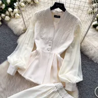 French Style V Neck Embroidered Jacket with High Waisted Pleated Skirt Elegant Lightweight Two Piece Set for Fall