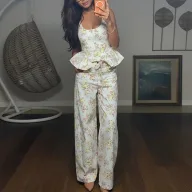 Summer Womens Fashion Set Floral Print Ruffle Hem Sleeveless Casual Wide Leg Pants Perfect for Vacation or Daily