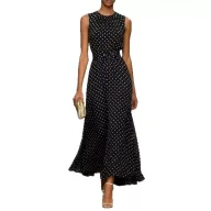 Womens Summer Dress Elegant Waist Tie Polka Dot Design Available in White and Black Wholesale Sizes S to 3XL